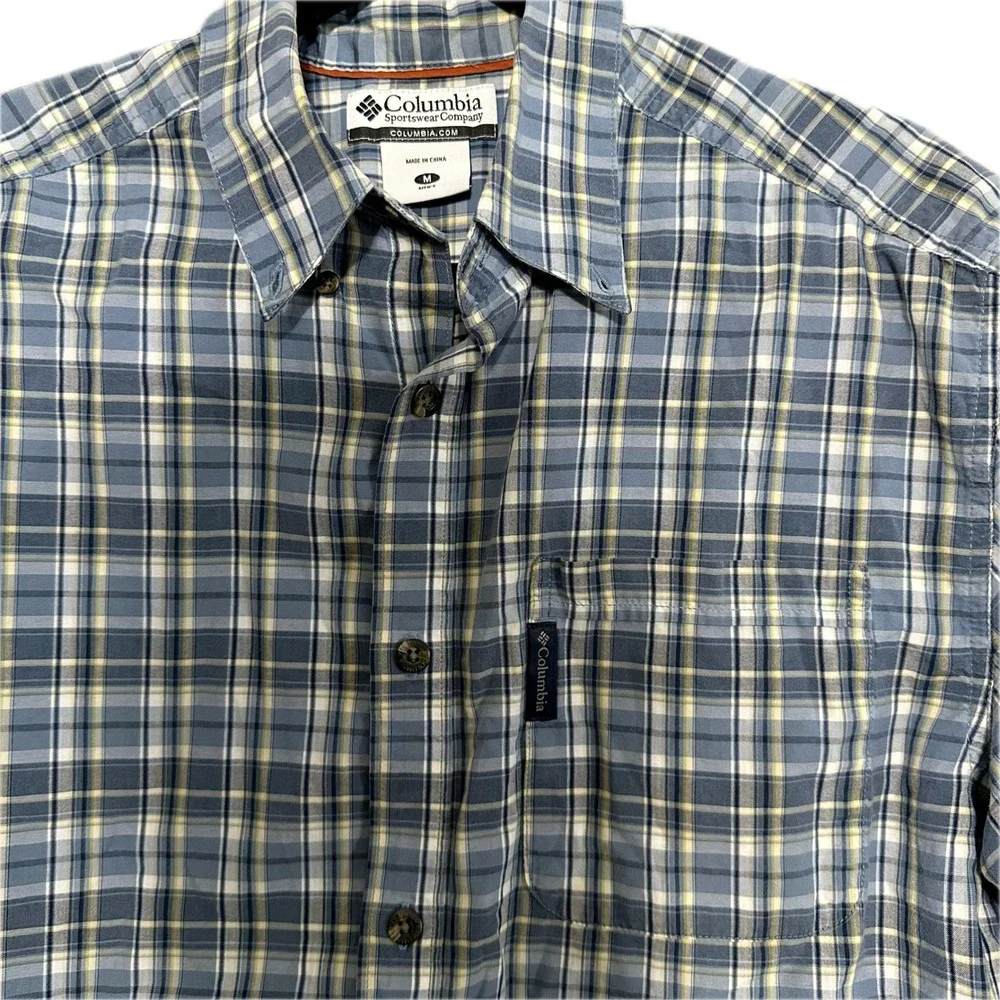 Columbia Mens Short Sleeve Button Down Plaid Shirt Blue Grey Yellow Size‎ Medium